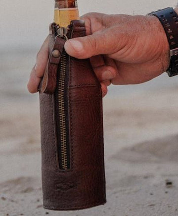 Campaign Leather Bottle Koozie in Smoke